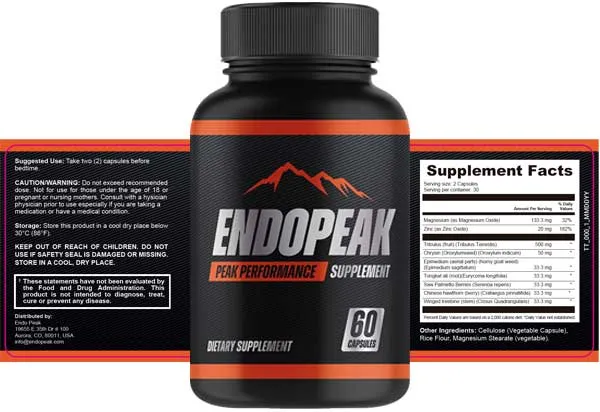 EndoPeak bottle and Supplement Facts label EndoPeak bottle shown with its current supplement label